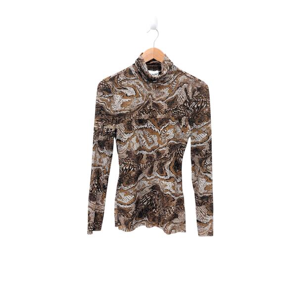 GANNI Mesh Turtle Neck Top Long‎ Sleeves Tiger Eye Brown Women’s Size 36 (US 4) - Picture 4 of 10